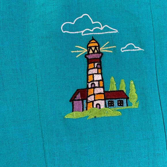 Vintage Dress Linen Embroidered 12 14 XL Lighthouses Nautical Marine Blue Teal - Picture 11 of 16